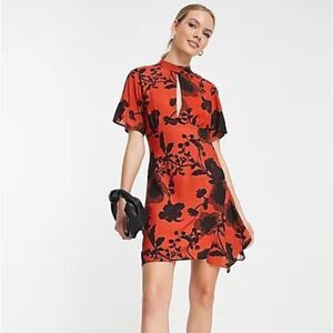 ASOS keyhole black and burnt orange flutter sleeve dress size 6